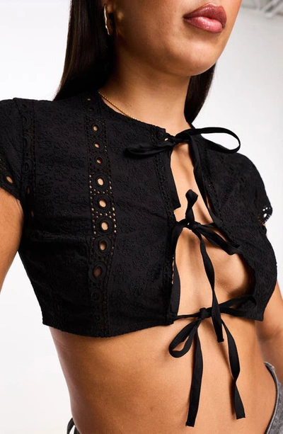 Shop Asos Design Broderie Cotton Crop Top In Black