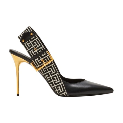 Shop Balmain Ruby Leather Monogrammed Slingback In Black