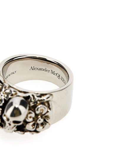 Shop Alexander Mcqueen Floral Skull Ring In Silver