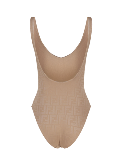 Shop Fendi One-piece Swimsuit With Ff Motif In Beige