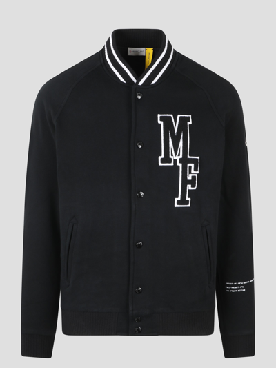 Shop Moncler Genius Varsity Fleece Cardigan In Black