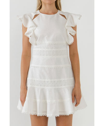 Shop Endless Rose Women's Lace Trimmed Ruffle Sleeve Dress With Cutout In White