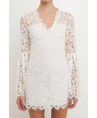 Shop Endless Rose Women's Bell Sleeves V Neck Lace Dress In Ivory