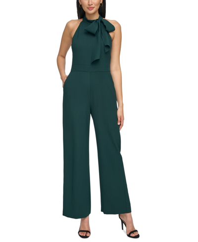 Shop Vince Camuto Women's Signature Stretch Crepe Bow-neck Halter Jumpsuit In Hunter