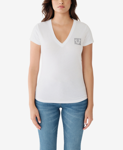 Shop True Religion Women's Short Sleeve Crystal Box Horseshoe Logo V-neck T-shirt In Optic White