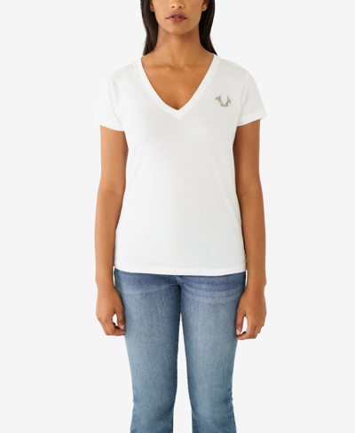 Shop True Religion Women's Short Sleeve Crystal Buddha V-neck T-shirt In Optic White