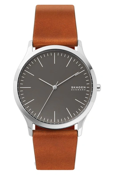 Shop Skagen Jorn Leather Strap Watch, 41mm In Silver