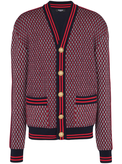 Shop Balmain Monogram-print Checked Wool Cardigan In Red
