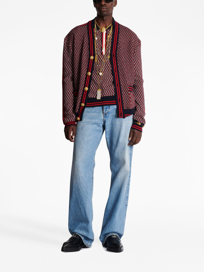 Balmain Monogram-print Checked Wool Cardigan In Red