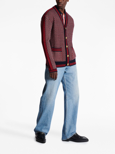 Shop Balmain Monogram-print Checked Wool Cardigan In Red