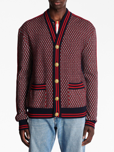Balmain Monogram-print Checked Wool Cardigan In Red