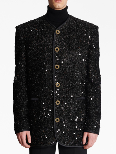 Shop Balmain Collarless Single-breasted Sequinned Jacket In Black