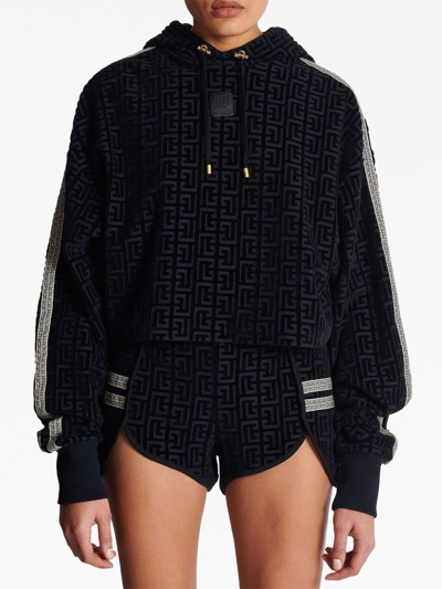 Balmain Monogram-print Cropped Hoodie In Skc