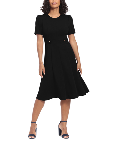 Shop London Times Women's Puff-sleeve Tab-detail Fit & Flare Dress In Black