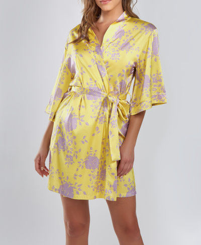 Shop Icollection Women's Fiona Satin Print Robe In Yellow-purple