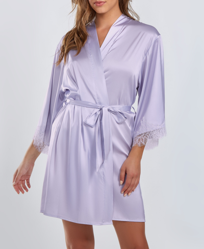 Icollection Plus Size Kate Satin Robe With Eyelash Lace Trim In Light-lilac