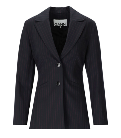 Ganni Black Fitted Drapey Melange Blazer In Blue