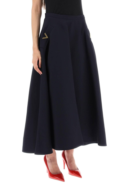Shop Valentino Midi Skirt In Crepe Couture With V Gold Detailing In Blue