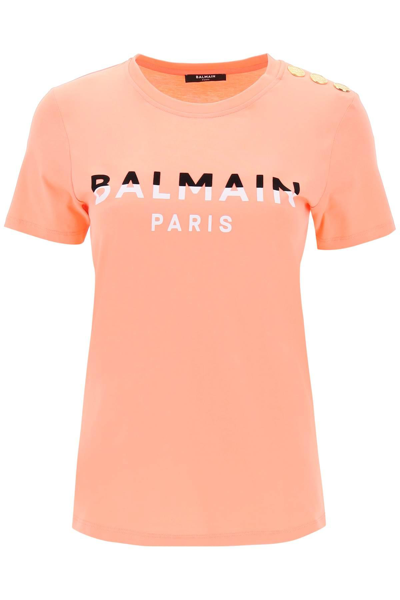 Shop Balmain T-shirt With Flocked Print And Gold-tone Buttons In Pink