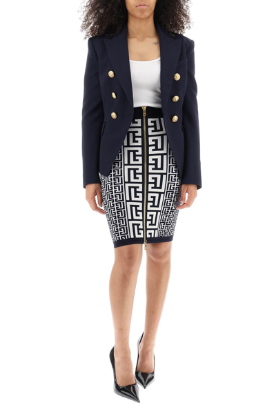 Shop Balmain Pencil Skirt In Monogram Knit In White,blue