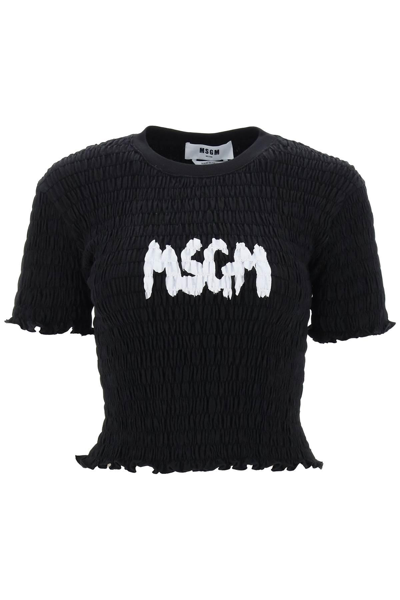 Shop Msgm Smocked T-shirt With Logo Print In Black