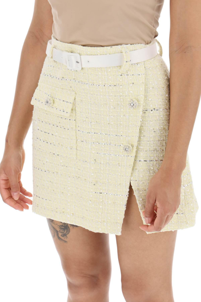Shop Self-portrait Wrap Mini Skirt In Boucle Tweed In Yellow