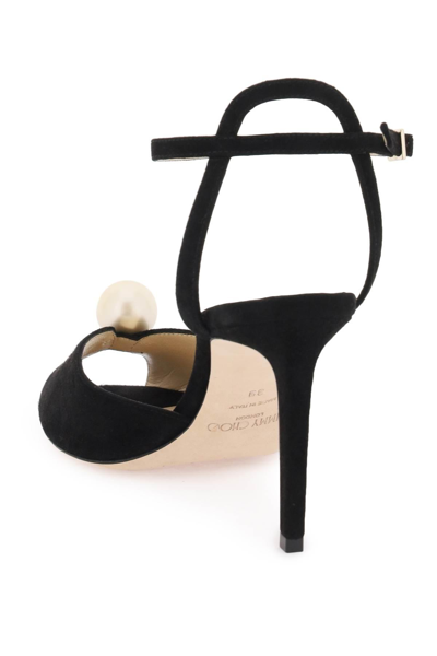 Shop Jimmy Choo Sacora 85 Suede Sandals With Pearl Ball In Black