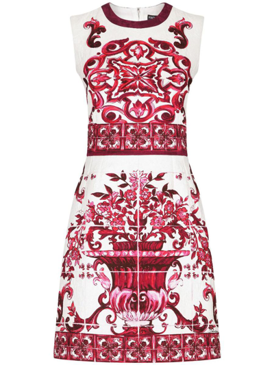 Shop Dolce & Gabbana Majolica-print Mini Dress In Bianco E Fucsia