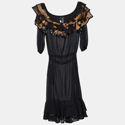 Pre-owned Just Cavalli Black Printed Silk Tiered Midi Dress M