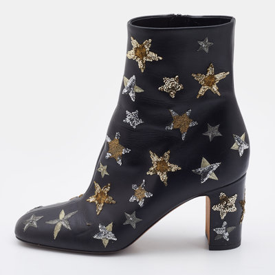 Pre-owned Valentino Garavani Black Leather Embroidered Sequin/stars Ankle Length Boots Size 39