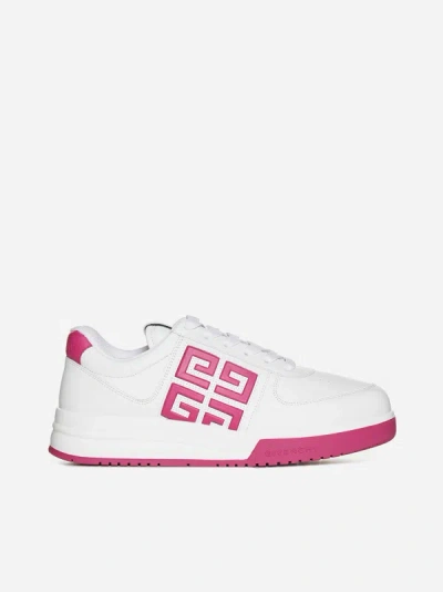 Shop Givenchy G4 Leather Low Sneakers In White,fuchsia