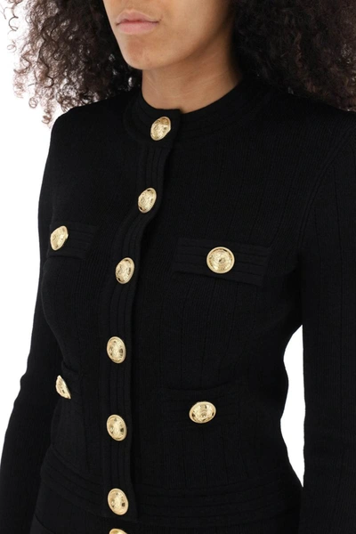 Shop Balmain Crew-neck Cardigan With Embossed Buttons In Black