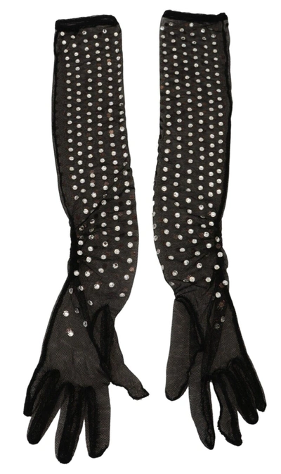 Shop Dolce & Gabbana Black Crystal Elbow Length Cotton Tulle Women's Gloves