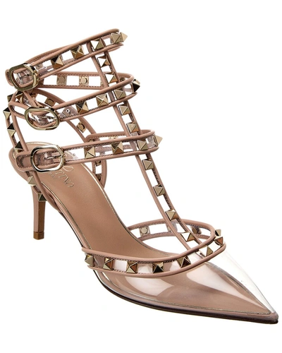 Shop Valentino Rockstud Caged 65 Leather & Vinyl Ankle Strap Pump In Brown