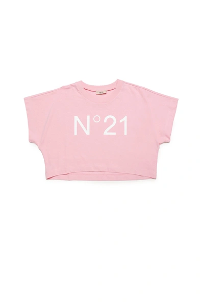 Shop N°21 Cropped Crew-neck Jersey T-shirt With Logo In Pink