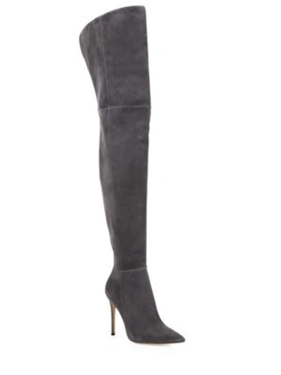 Shop Gianvito Rossi Lea Cuissard Over-the-knee Suede Point Toe Boots In Lapis