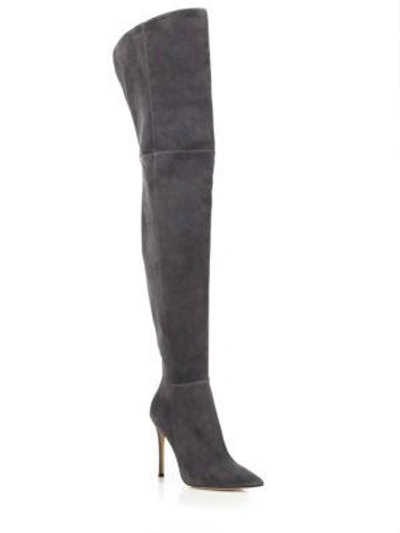Shop Gianvito Rossi Lea Cuissard Over-the-knee Suede Point Toe Boots In Lapis