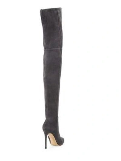 Shop Gianvito Rossi Lea Cuissard Over-the-knee Suede Point Toe Boots In Lapis