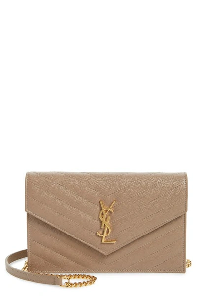 Shop Saint Laurent 'small Mono' Leather Wallet On A Chain In Light Taupe