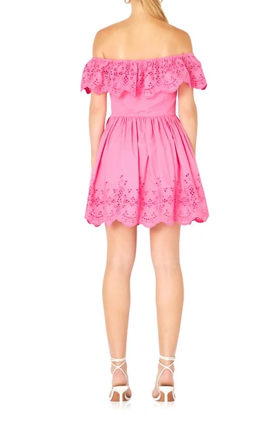Endless Rose Scalloped Off The Shoulder Broderie Anglaise Dress In Fuchsia