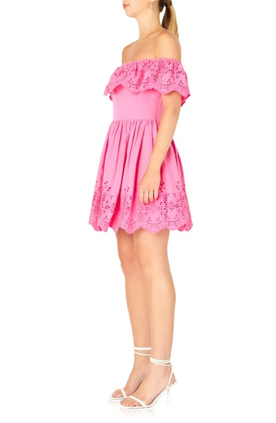 Endless Rose Scalloped Off The Shoulder Broderie Anglaise Dress In Fuchsia
