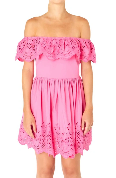 Endless Rose Scalloped Off The Shoulder Broderie Anglaise Dress In Fuchsia