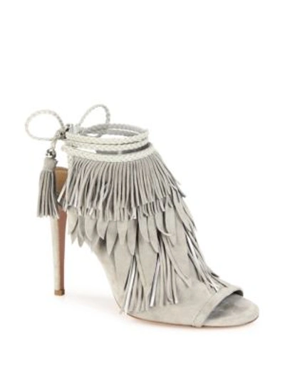 Shop Aquazzura Pocahontas Fringed Suede Peep Toe Sandals In Light Grey