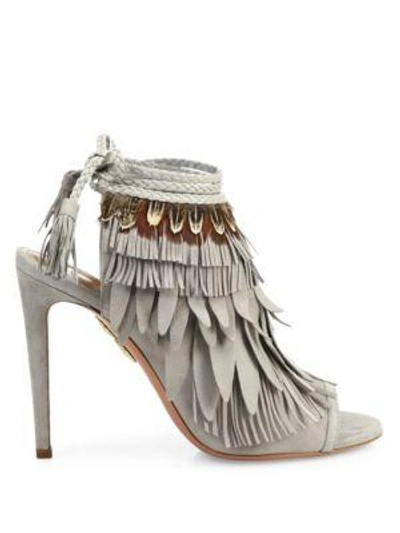 Shop Aquazzura Pocahontas Fringed Suede Peep Toe Sandals In Light Grey