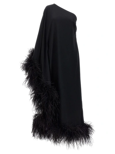 Taller Marmo Ubud One-shoulder Feather-trimmed Crepe Maxi Dress In Black