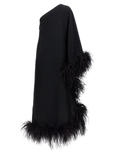 Taller Marmo Ubud One-shoulder Feather-trimmed Crepe Maxi Dress In Black