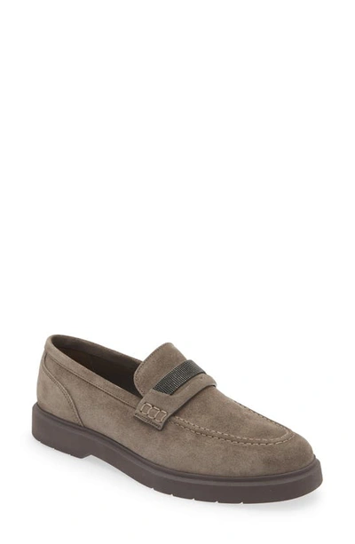 Brunello Cucinelli Beaded Almond Toe Penny Loafers In C8212 Dark Grey
