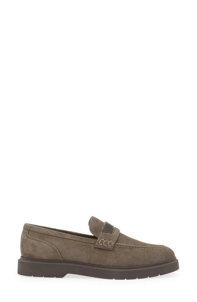 Brunello Cucinelli Beaded Almond Toe Penny Loafers In C8212 Dark Grey