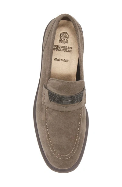 Brunello Cucinelli Beaded Almond Toe Penny Loafers In C8212 Dark Grey