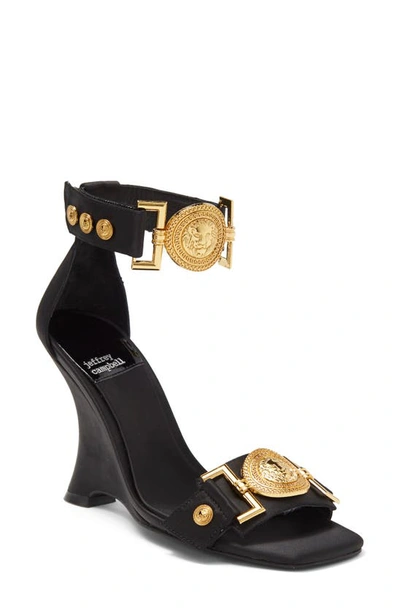 Shop Jeffrey Campbell Leonite Wedge Sandal In Black Satin Gold
